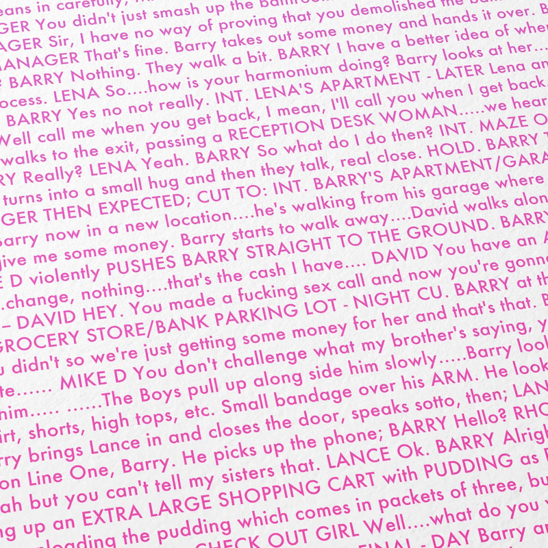 Close-up detail of the Punch-Drunk Love movie script poster showing dense typographic text.