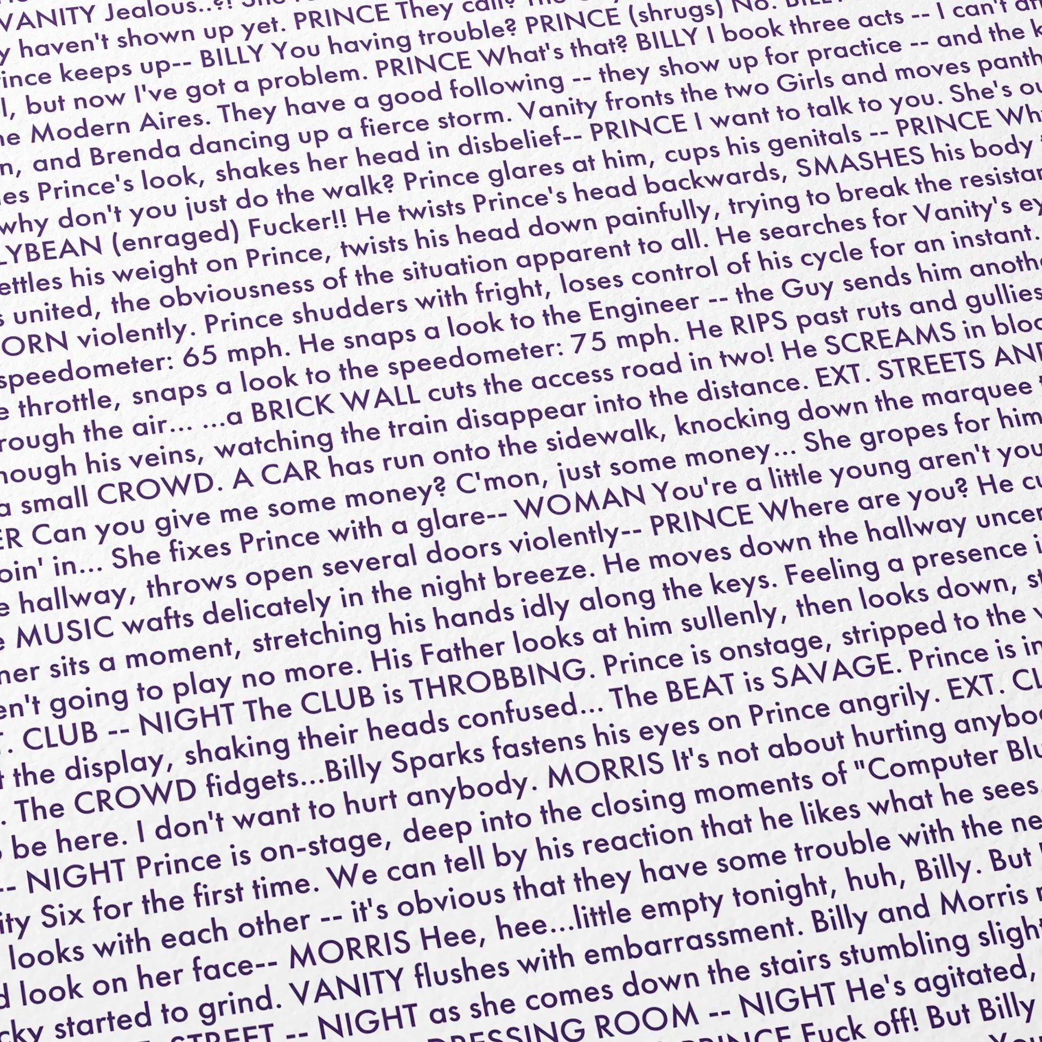 Close-up detail of the Purple Rain movie script poster showing dense typographic text.