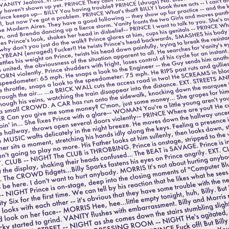 Close-up detail of the Purple Rain movie script poster showing dense typographic text.