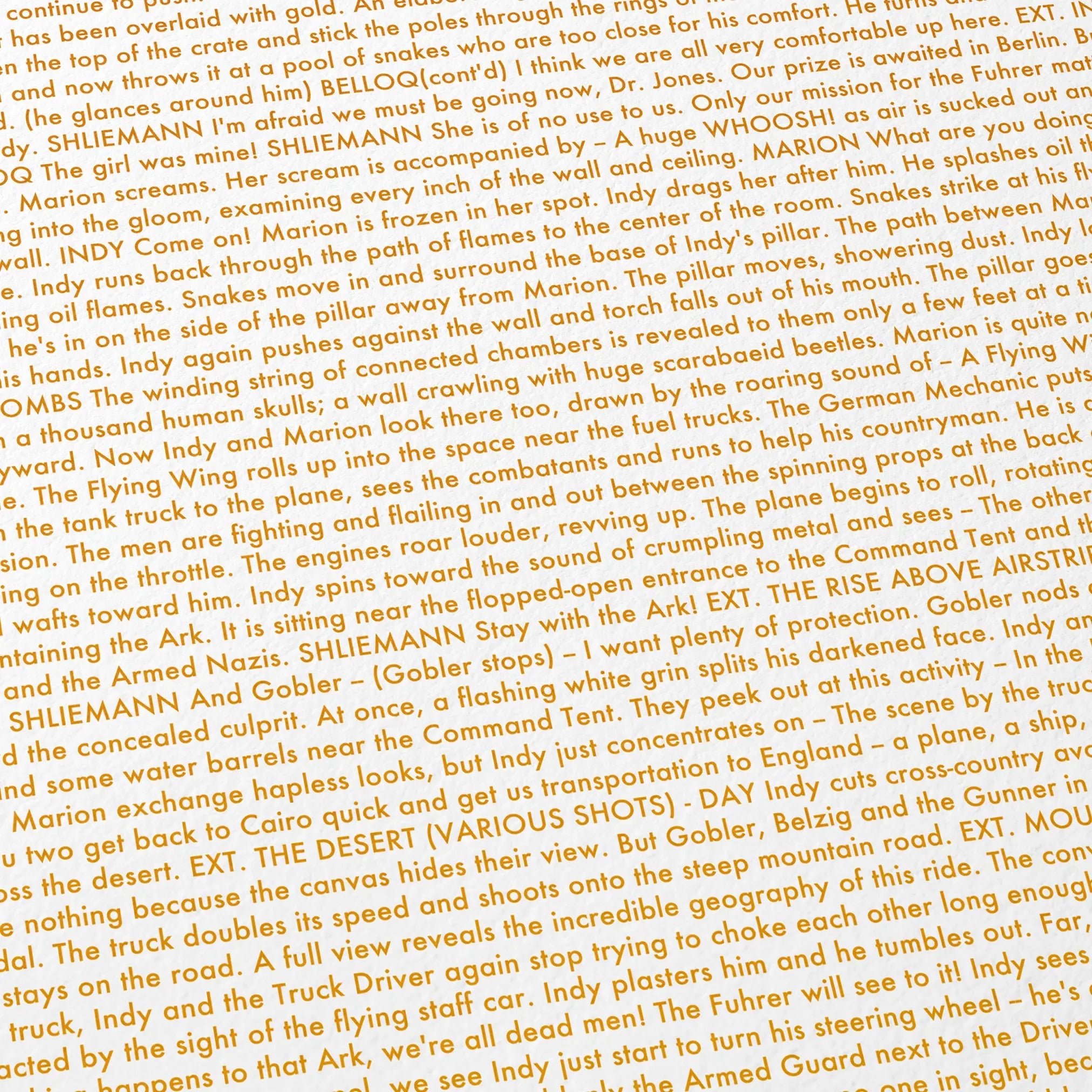 Close-up detail of the Raiders of the Lost Ark movie script poster showing dense typographic text.