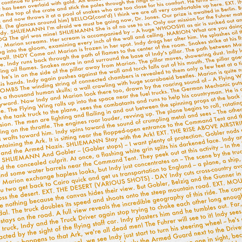 Close-up detail of the Raiders of the Lost Ark movie script poster showing dense typographic text.