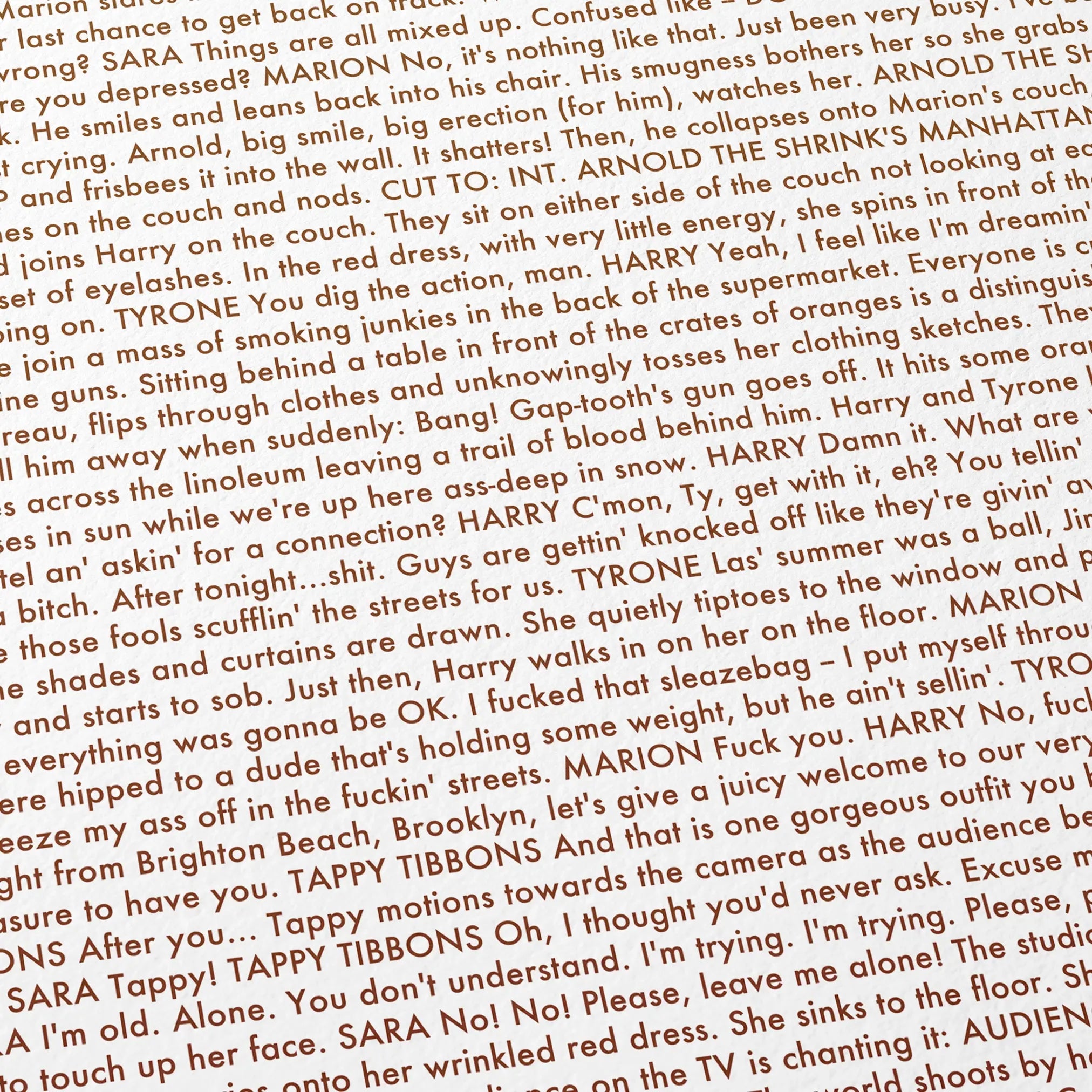 Close-up detail of the Requiem for a Dream movie script poster showing dense typographic text.