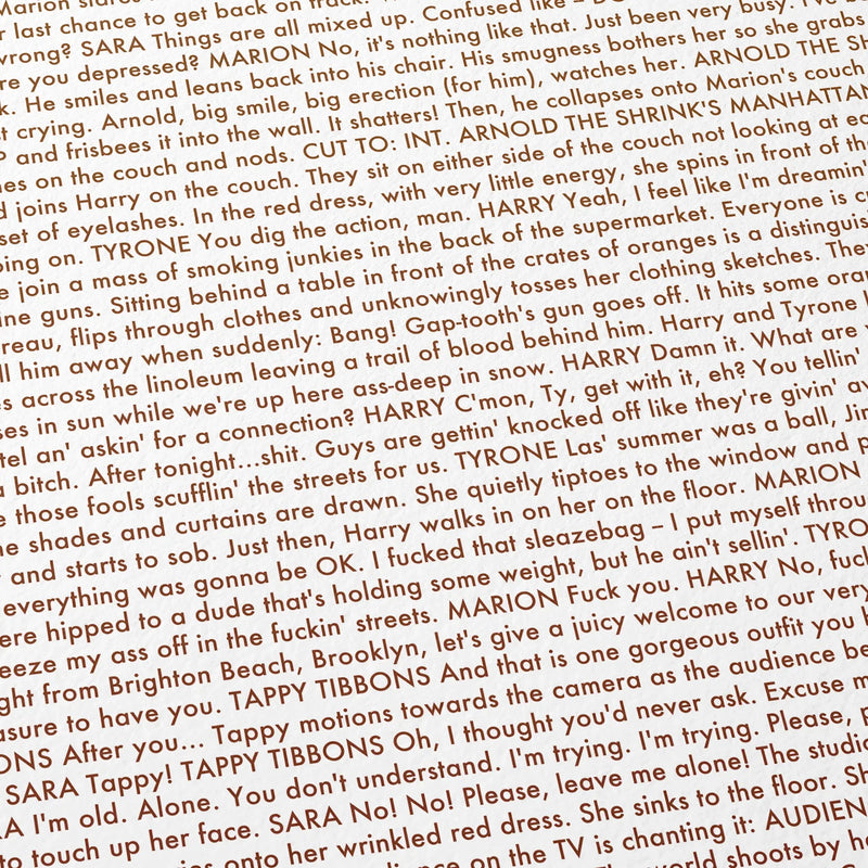 Close-up detail of the Requiem for a Dream movie script poster showing dense typographic text.