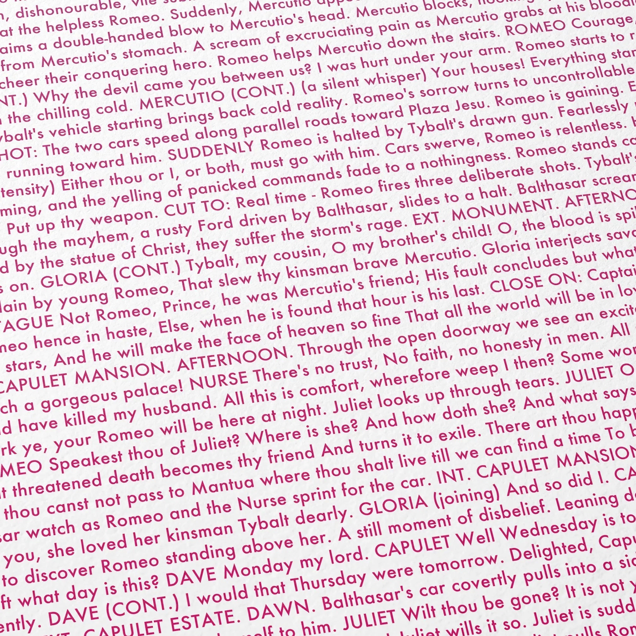 Close-up detail of the Romeo + Juliet movie script poster showing dense typographic text.