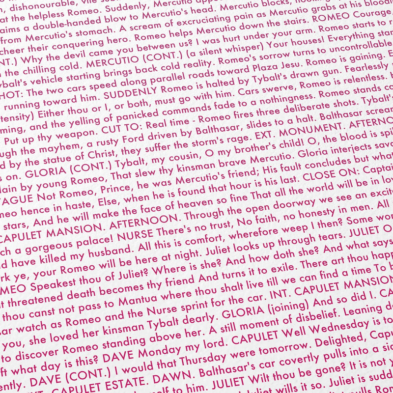 Close-up detail of the Romeo + Juliet movie script poster showing dense typographic text.