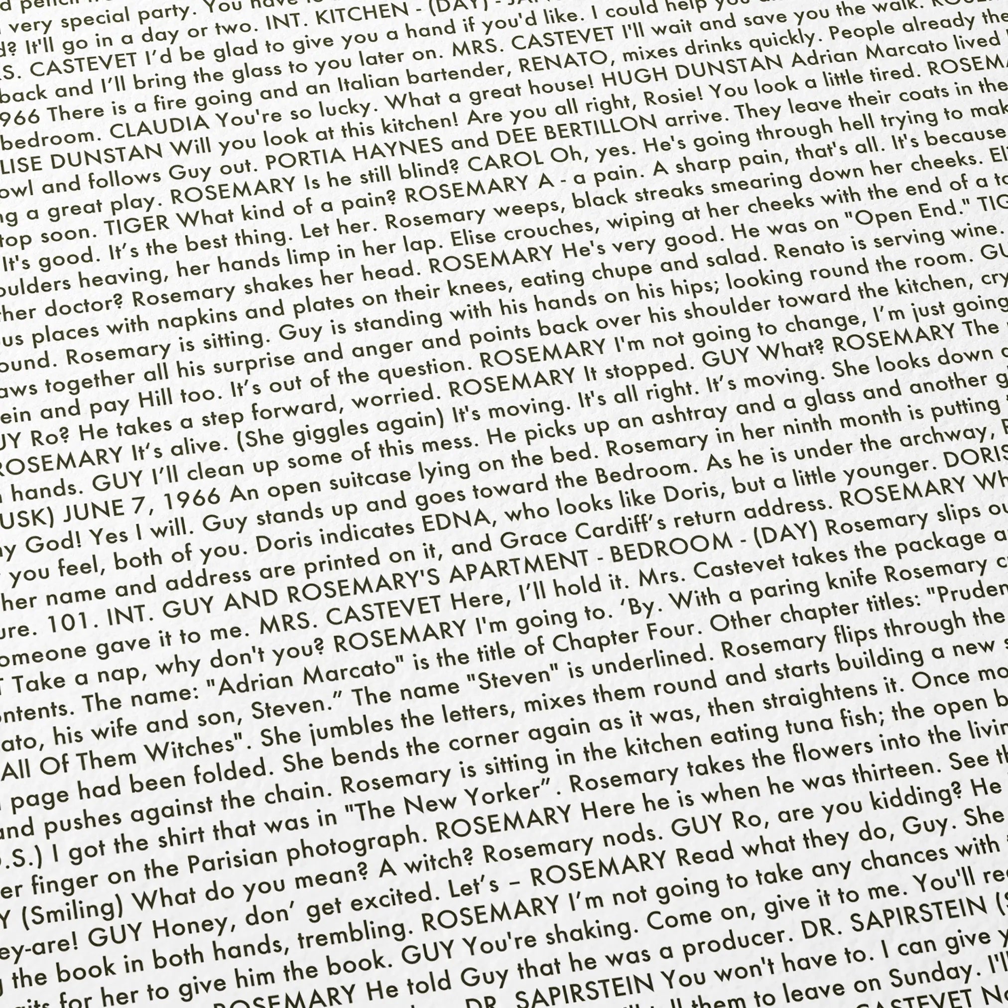 Close-up detail of the Rosemary's Baby movie script poster showing dense typographic text.