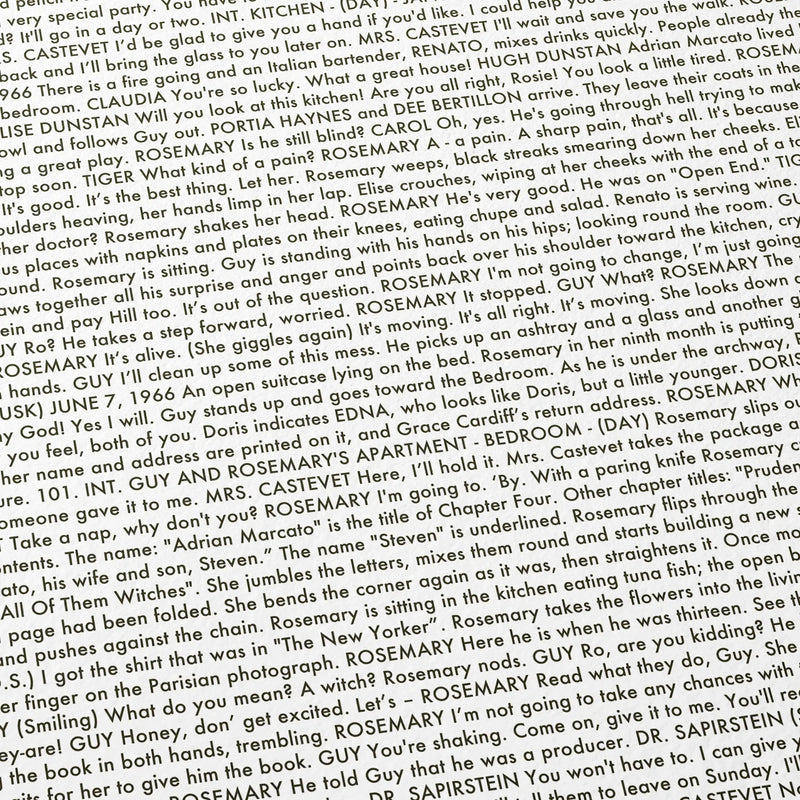 Close-up detail of the Rosemary's Baby movie script poster showing dense typographic text.