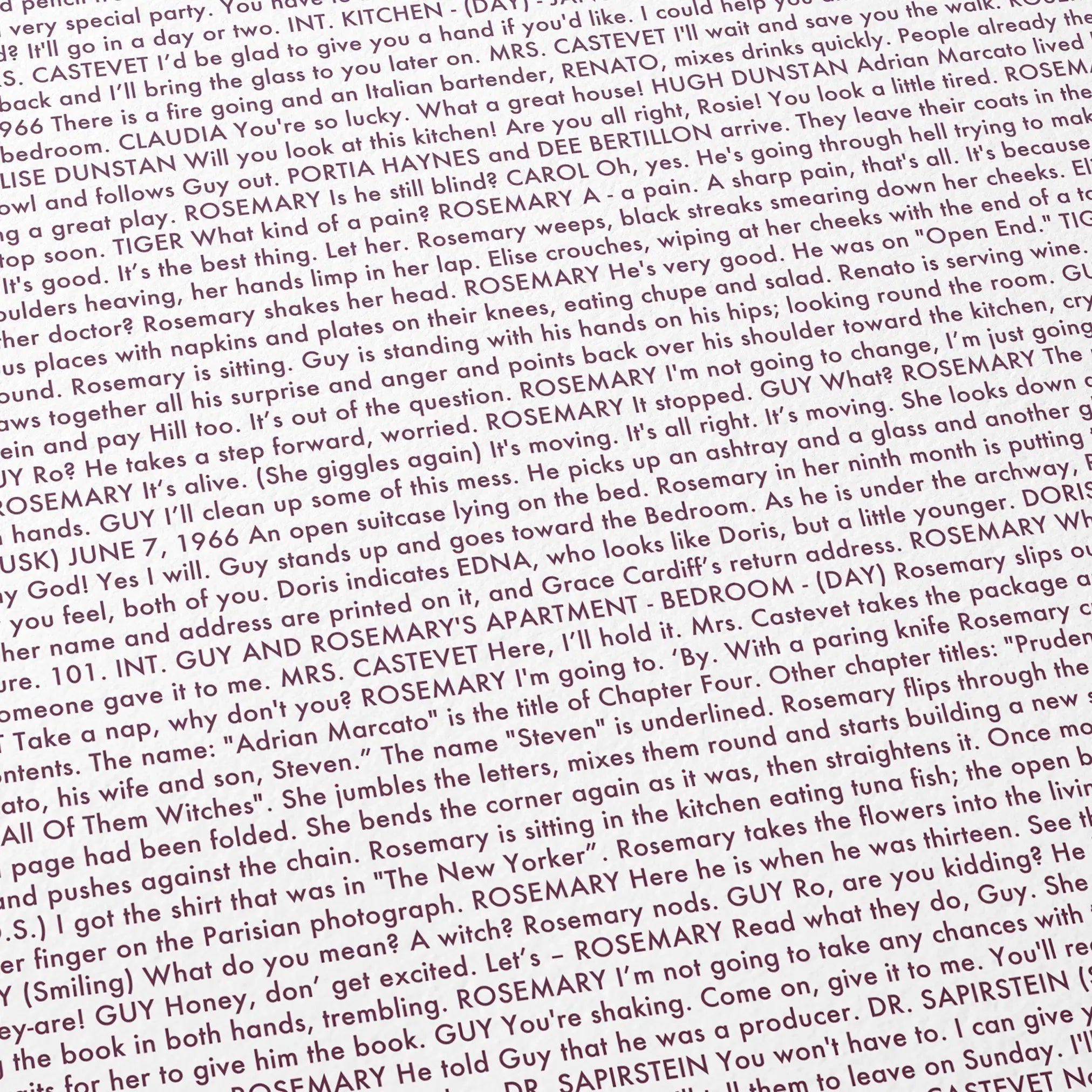 Close-up detail of the Rosemary's Baby movie script poster showing dense typographic text.