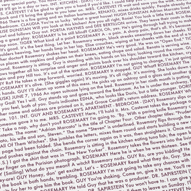 Close-up detail of the Rosemary's Baby movie script poster showing dense typographic text.