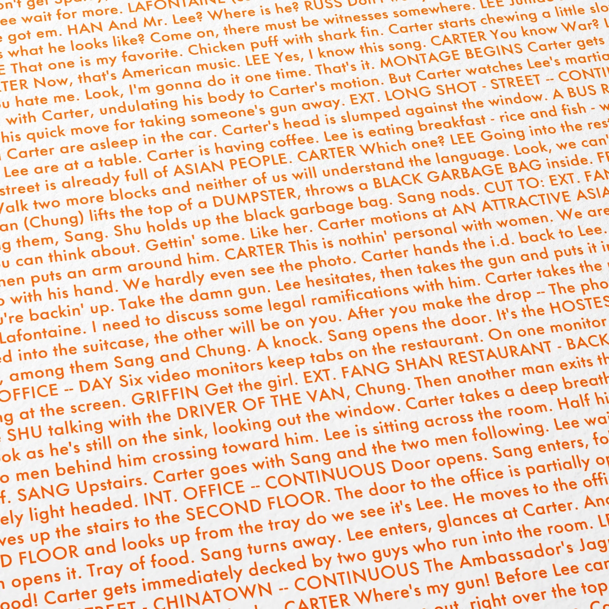Close-up detail of the Rush Hour movie script poster showing dense typographic text.