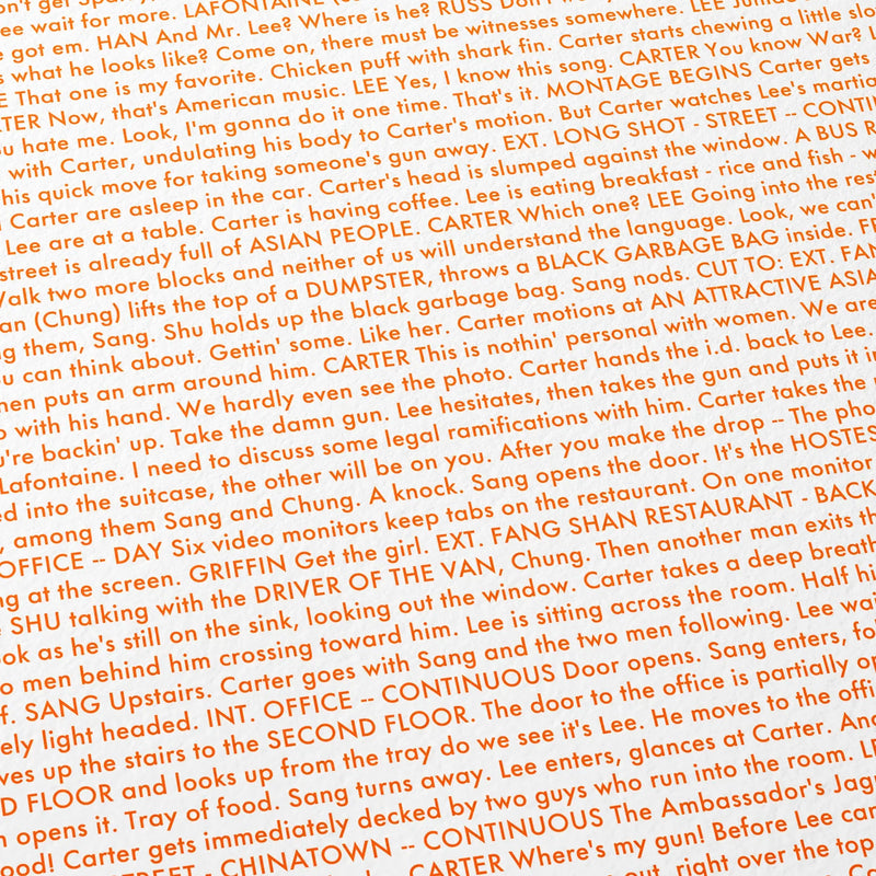 Close-up detail of the Rush Hour movie script poster showing dense typographic text.