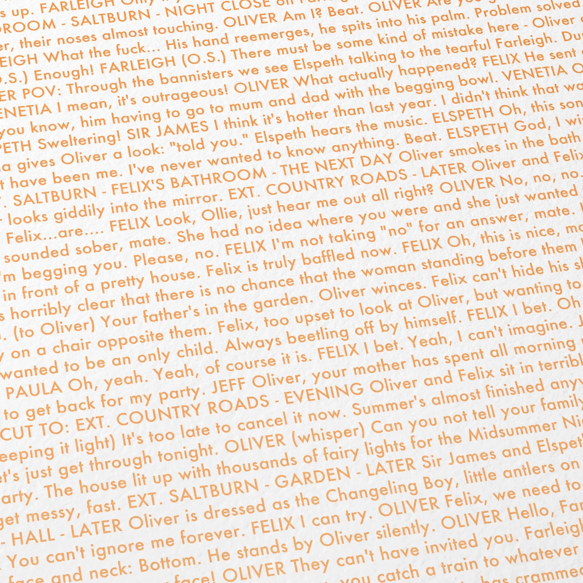 Close-up detail of the Saltburn movie script poster showing dense typographic text.