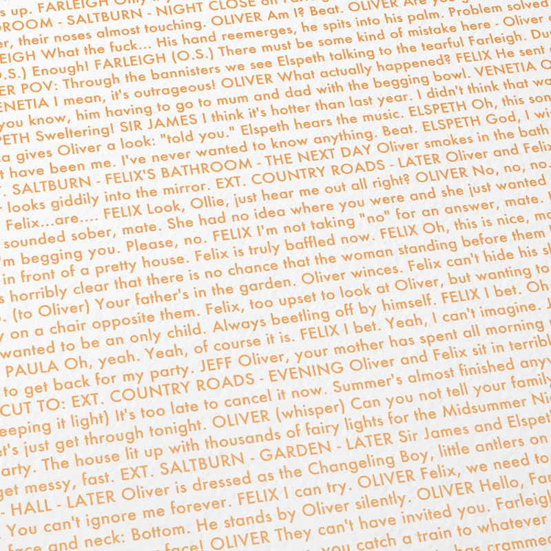 Close-up detail of the Saltburn movie script poster showing dense typographic text.