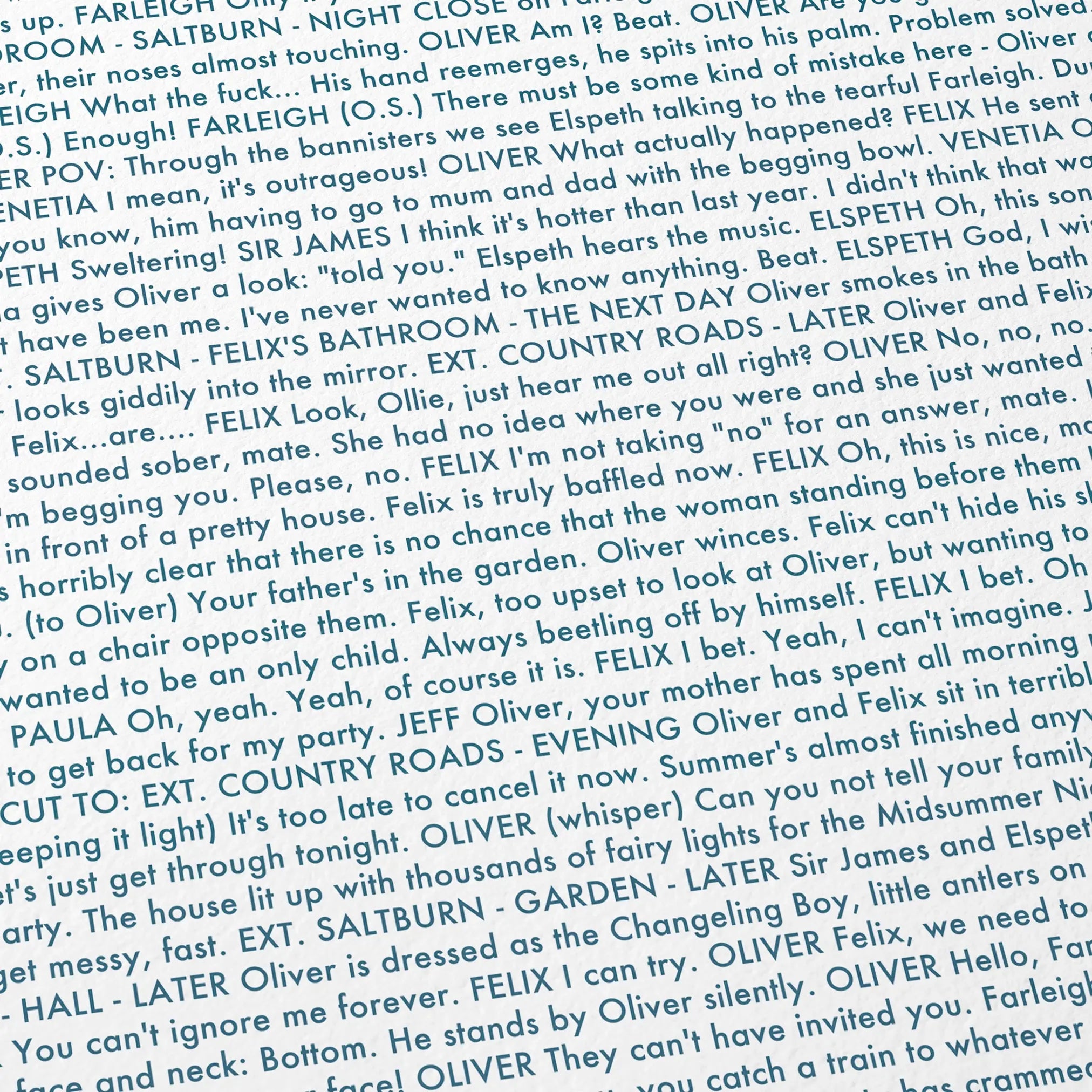 Close-up detail of the Saltburn movie script poster showing dense typographic text.