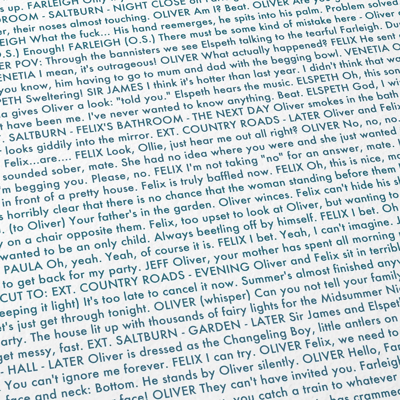 Close-up detail of the Saltburn movie script poster showing dense typographic text.