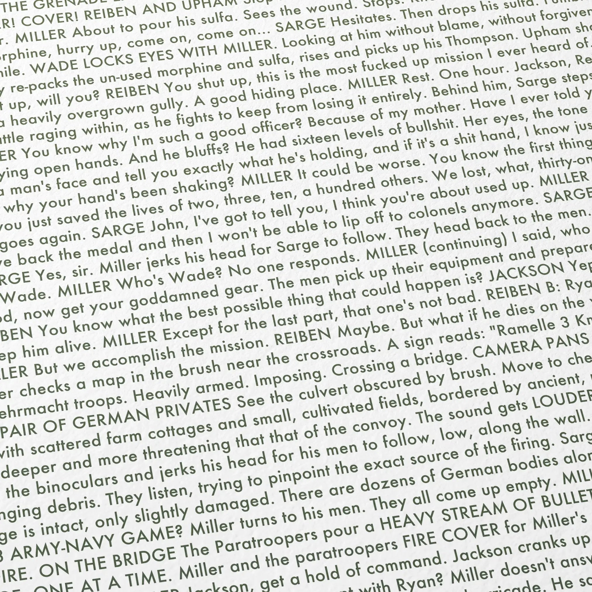 Close-up detail of the Saving Private Ryan movie script poster showing dense typographic text.