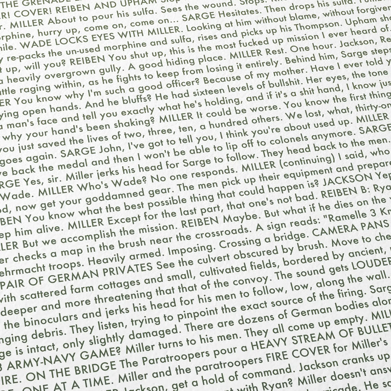 Close-up detail of the Saving Private Ryan movie script poster showing dense typographic text.