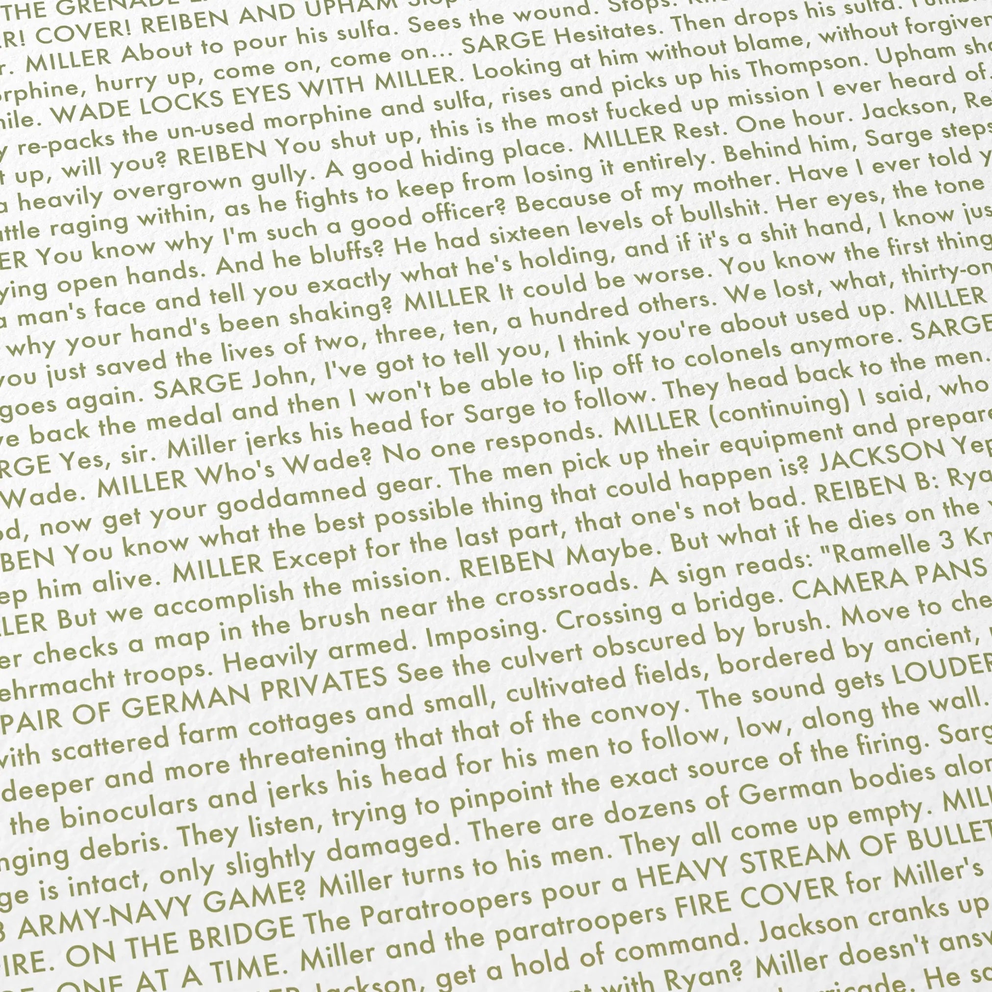Close-up detail of the Saving Private Ryan movie script poster showing dense typographic text.