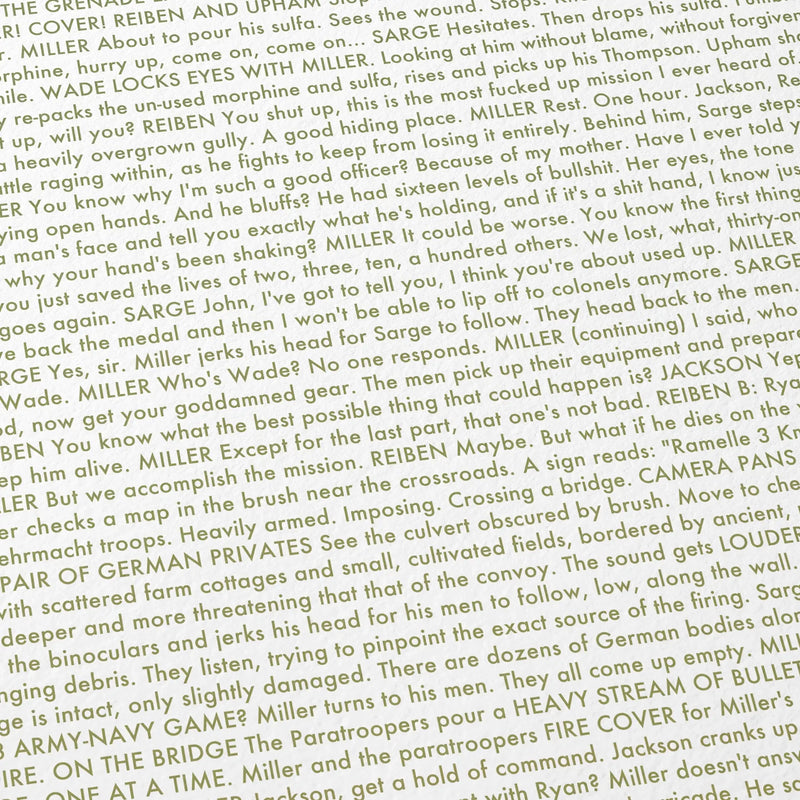 Close-up detail of the Saving Private Ryan movie script poster showing dense typographic text.