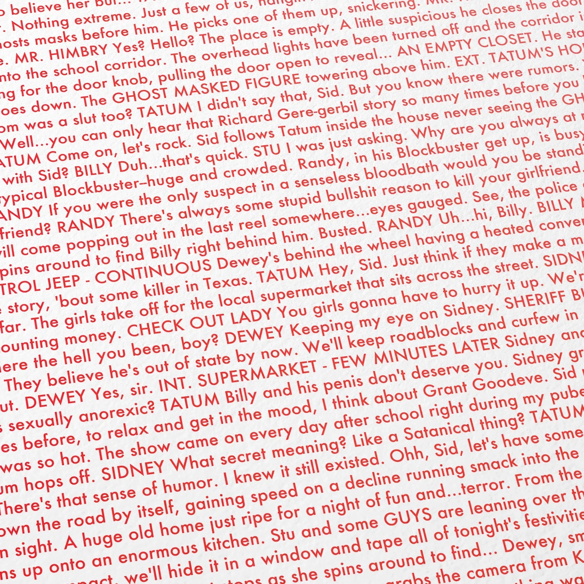 Close-up detail of the Scream movie script poster showing dense typographic text.