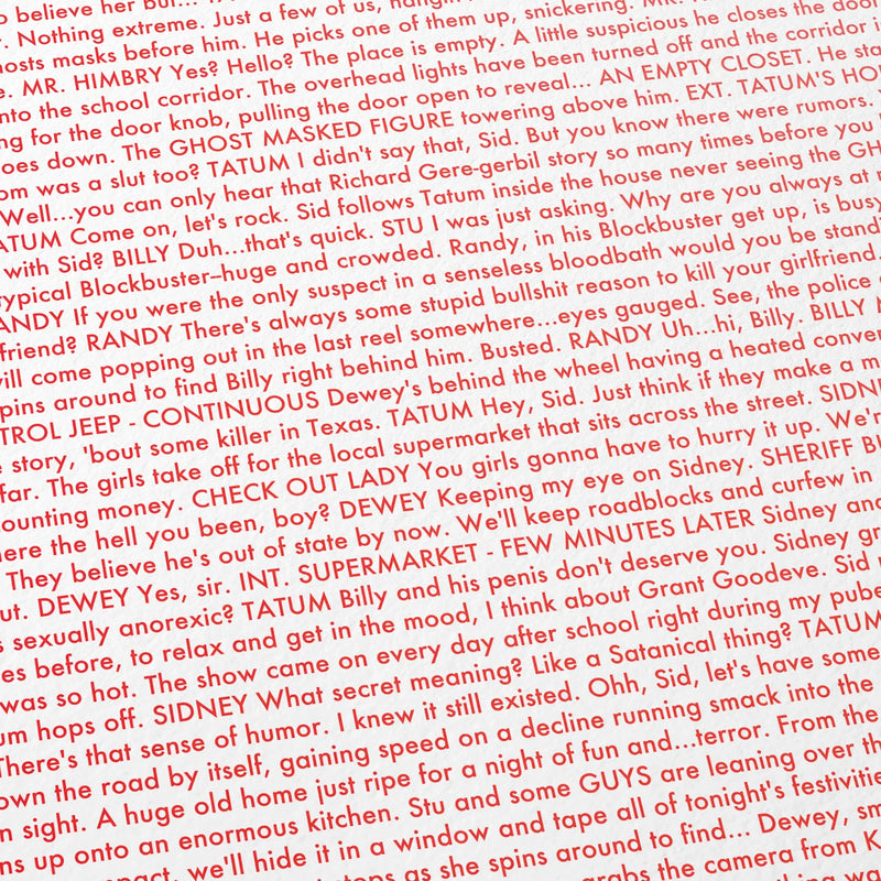 Close-up detail of the Scream movie script poster showing dense typographic text.