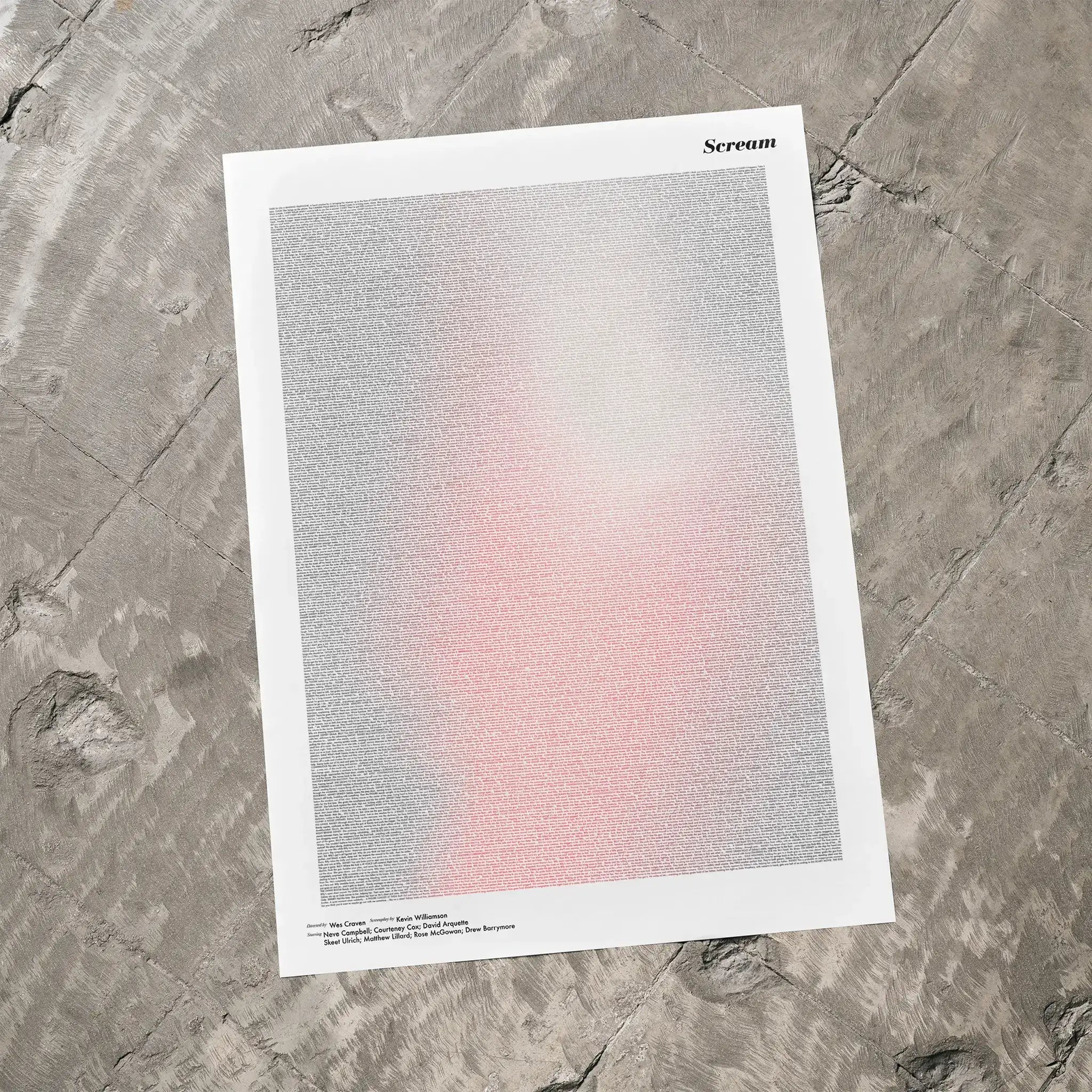 A Scream movie script poster laid flat on a textured floor surface.