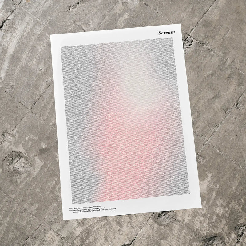 A Scream movie script poster laid flat on a textured floor surface.