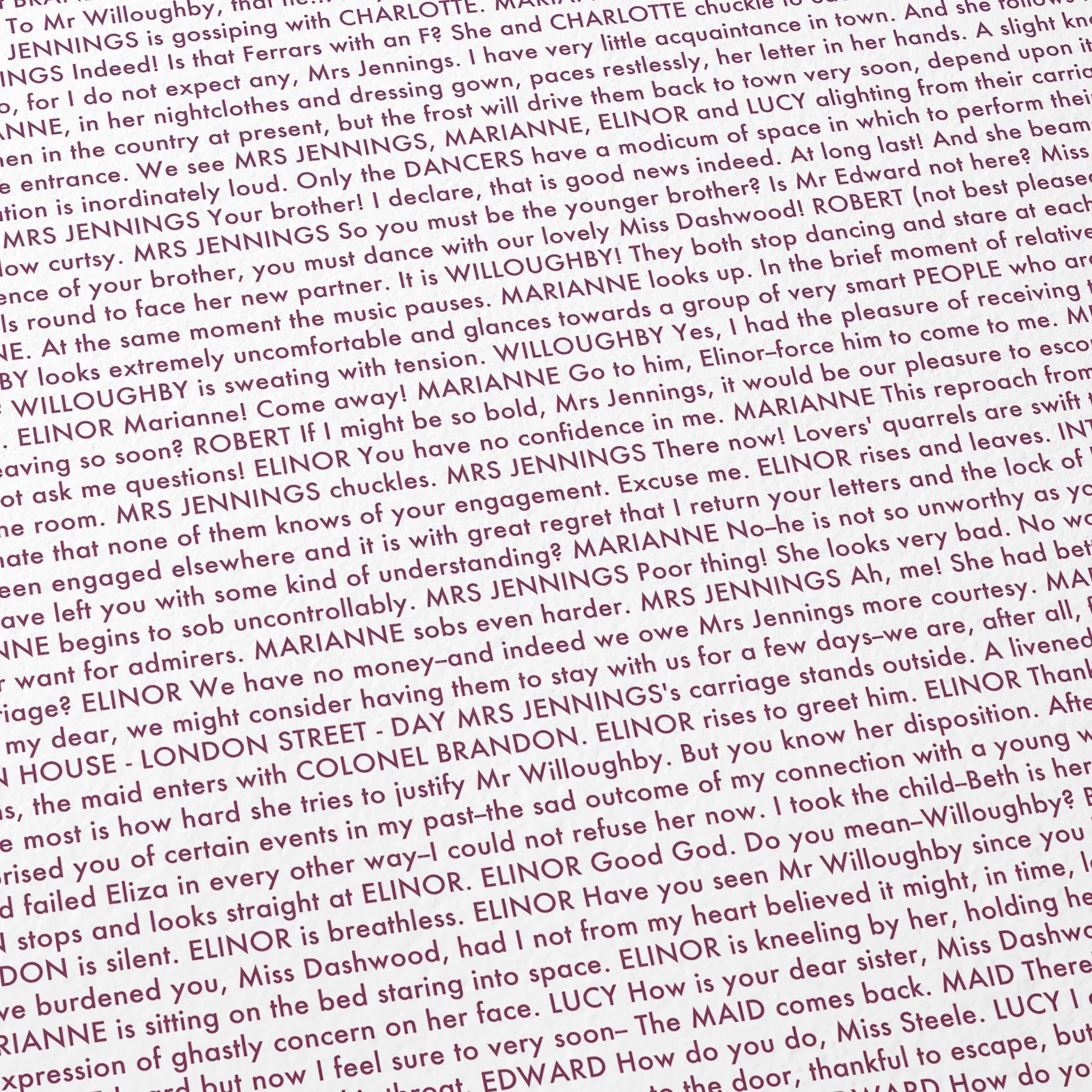 Close-up detail of the Sense and Sensibility movie script poster showing dense typographic text.