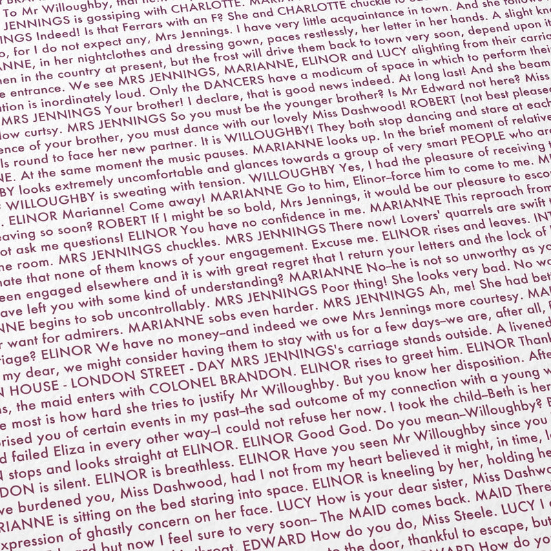 Close-up detail of the Sense and Sensibility movie script poster showing dense typographic text.