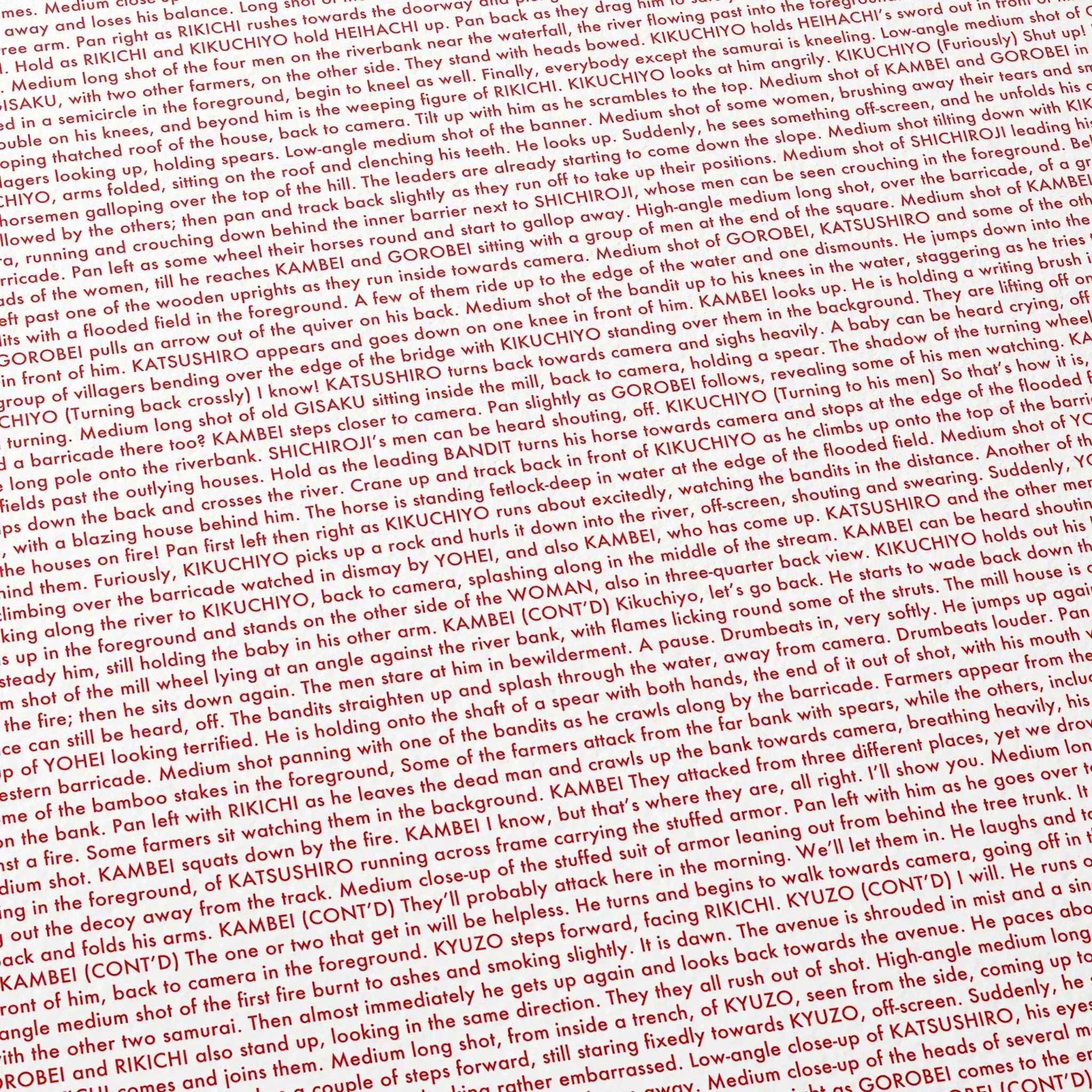 Close-up detail of the Seven Samurai movie script poster showing dense typographic text.