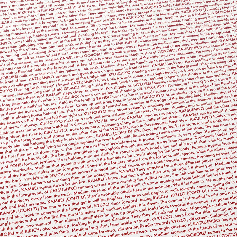 Close-up detail of the Seven Samurai movie script poster showing dense typographic text.