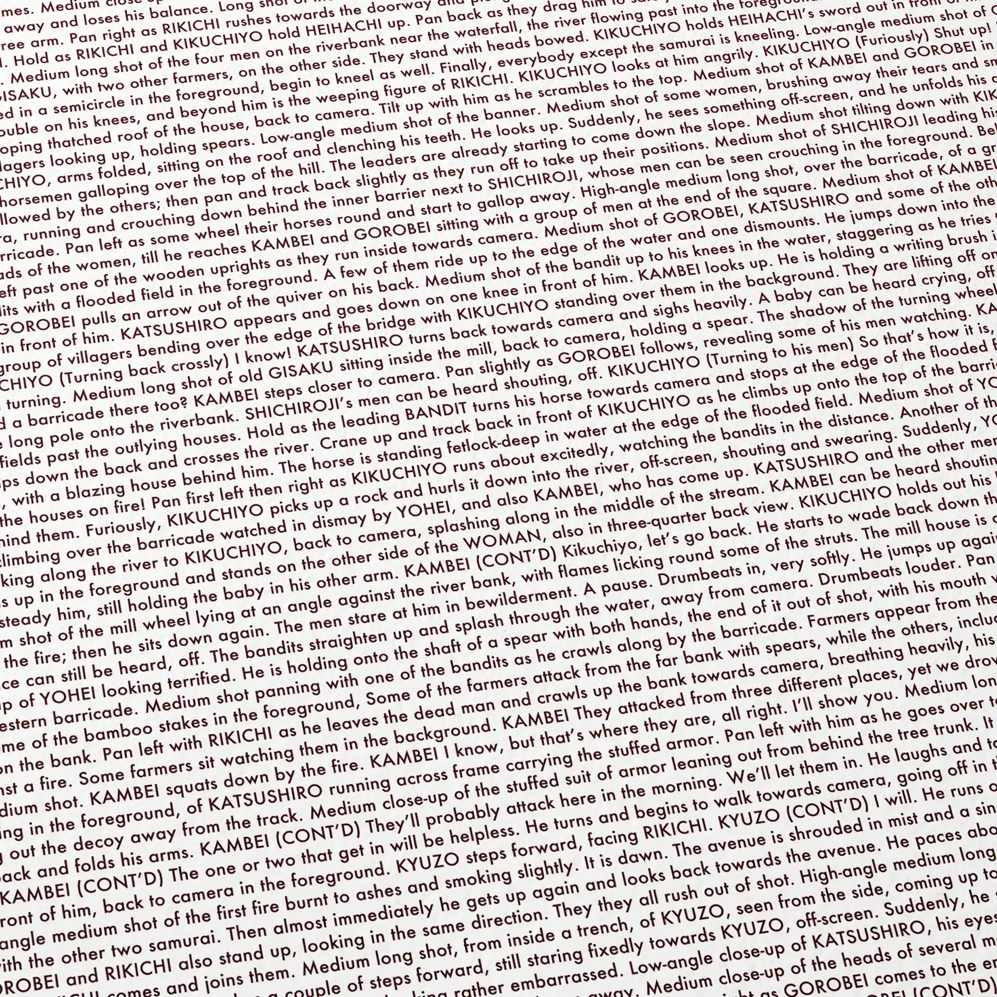 Close-up detail of the Seven Samurai movie script poster showing dense typographic text.