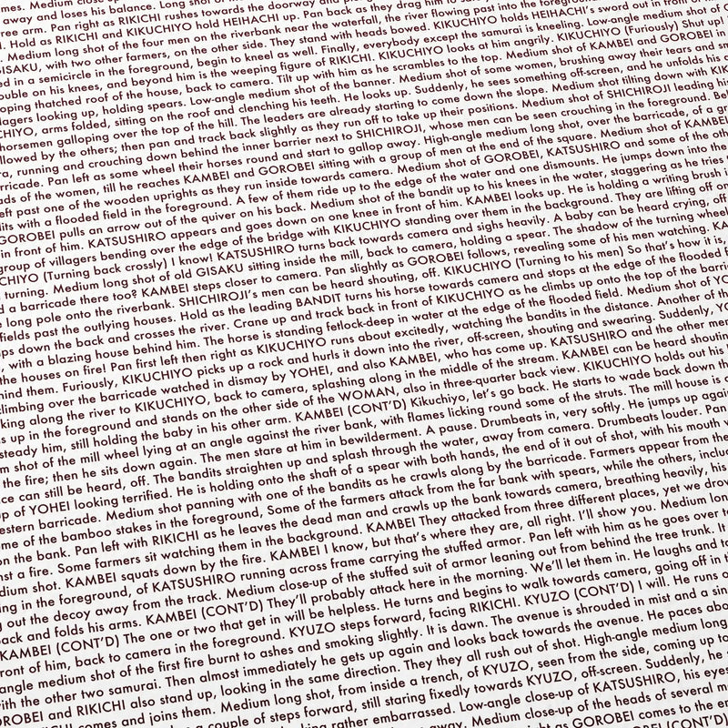 Close-up detail of the Seven Samurai movie script poster showing dense typographic text.