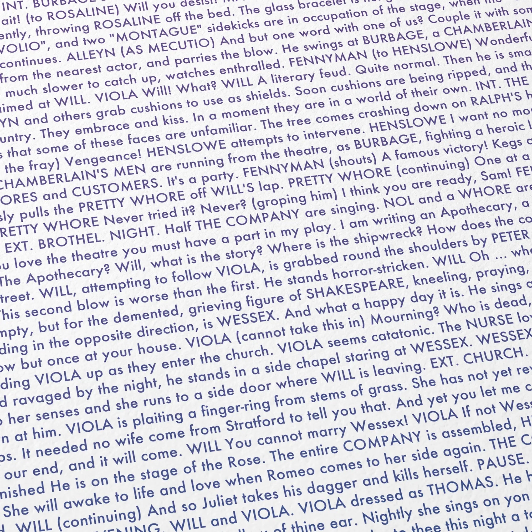 Close-up detail of the Shakespeare in Love movie script poster showing dense typographic text.