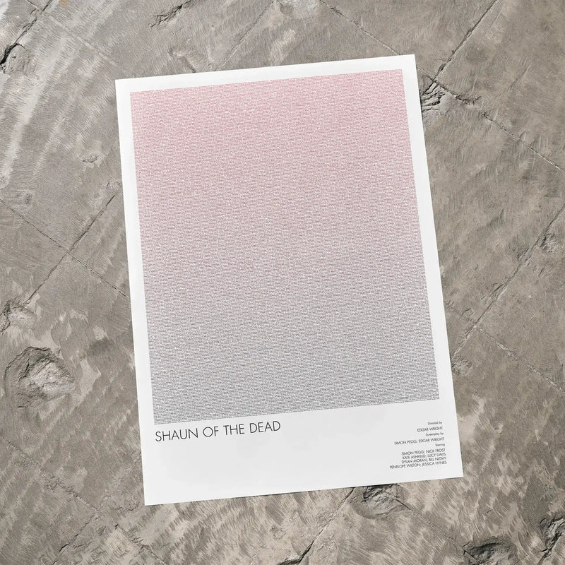 A Shaun of the Dead movie script poster laid flat on a textured floor surface.