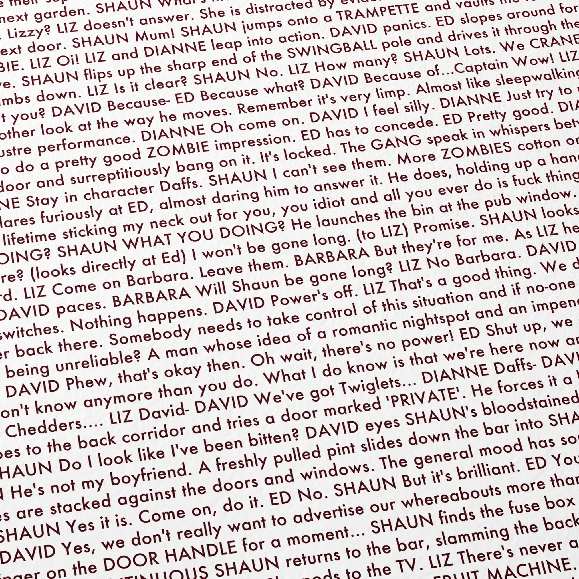 Close-up detail of the Shaun of the Dead movie script poster showing dense typographic text.