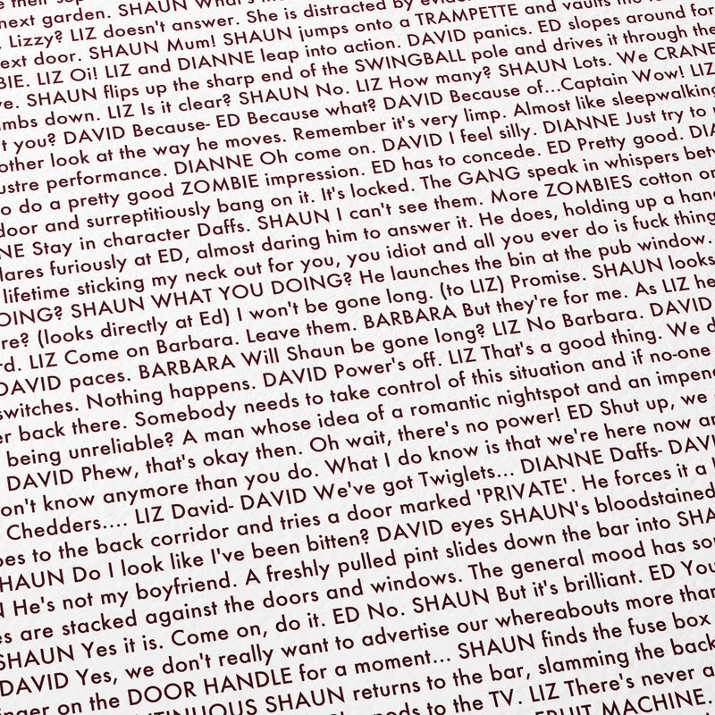 Close-up detail of the Shaun of the Dead movie script poster showing dense typographic text.