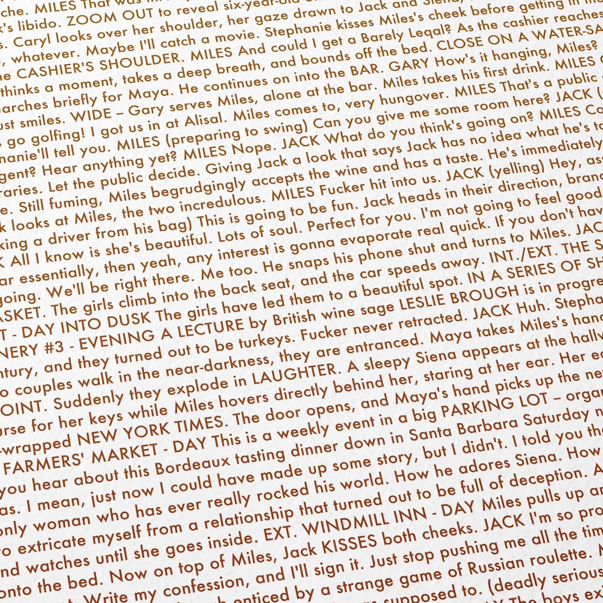 Close-up detail of the Sideways movie script poster showing dense typographic text.