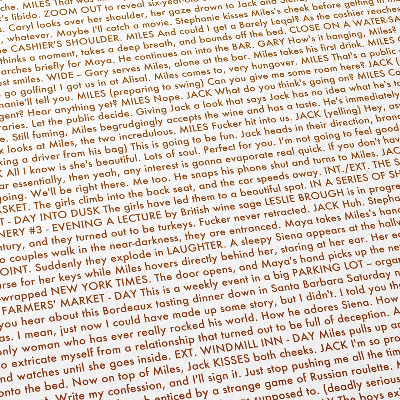 Close-up detail of the Sideways movie script poster showing dense typographic text.