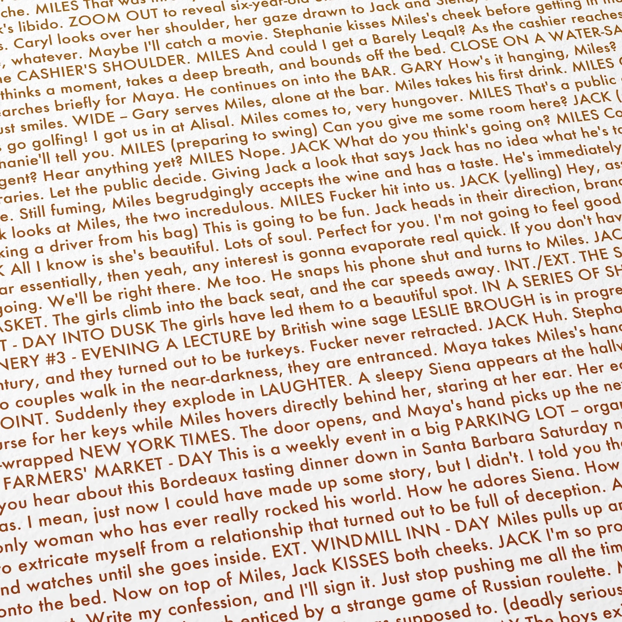 Close-up detail of the Sideways movie script poster showing dense typographic text.