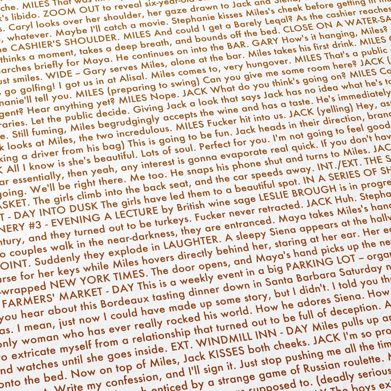 Close-up detail of the Sideways movie script poster showing dense typographic text.