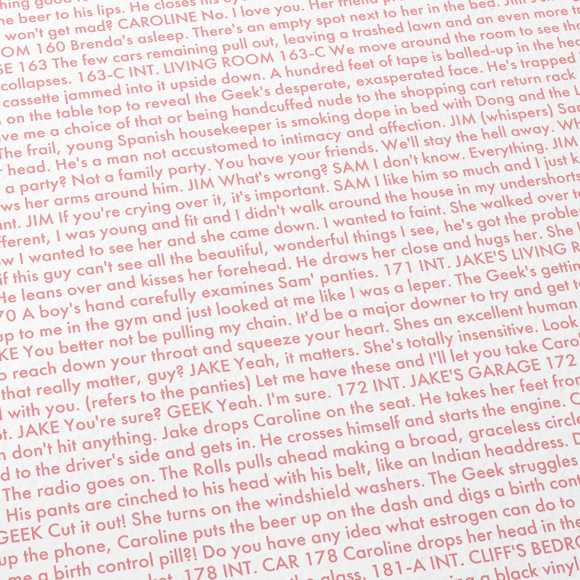 Close-up detail of the Sixteen Candles movie script poster showing dense typographic text.
