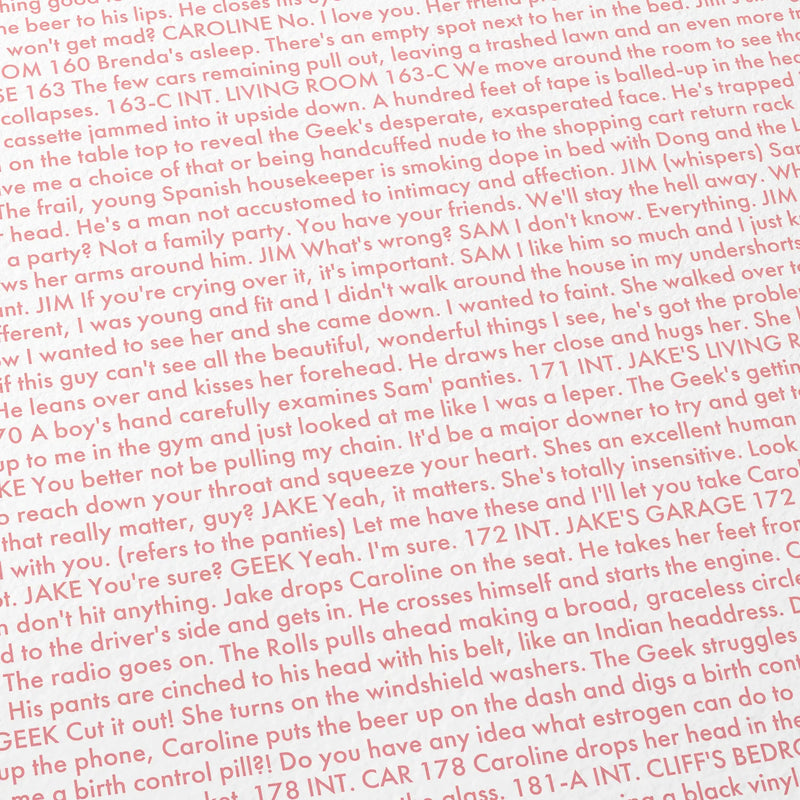 Close-up detail of the Sixteen Candles movie script poster showing dense typographic text.