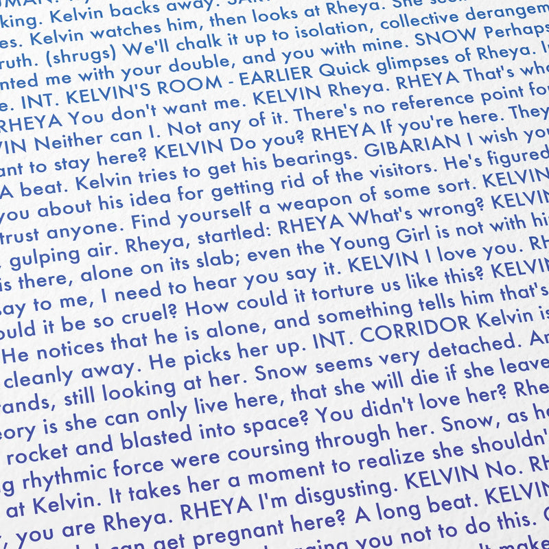 Close-up detail of the Solaris movie script poster showing dense typographic text.
