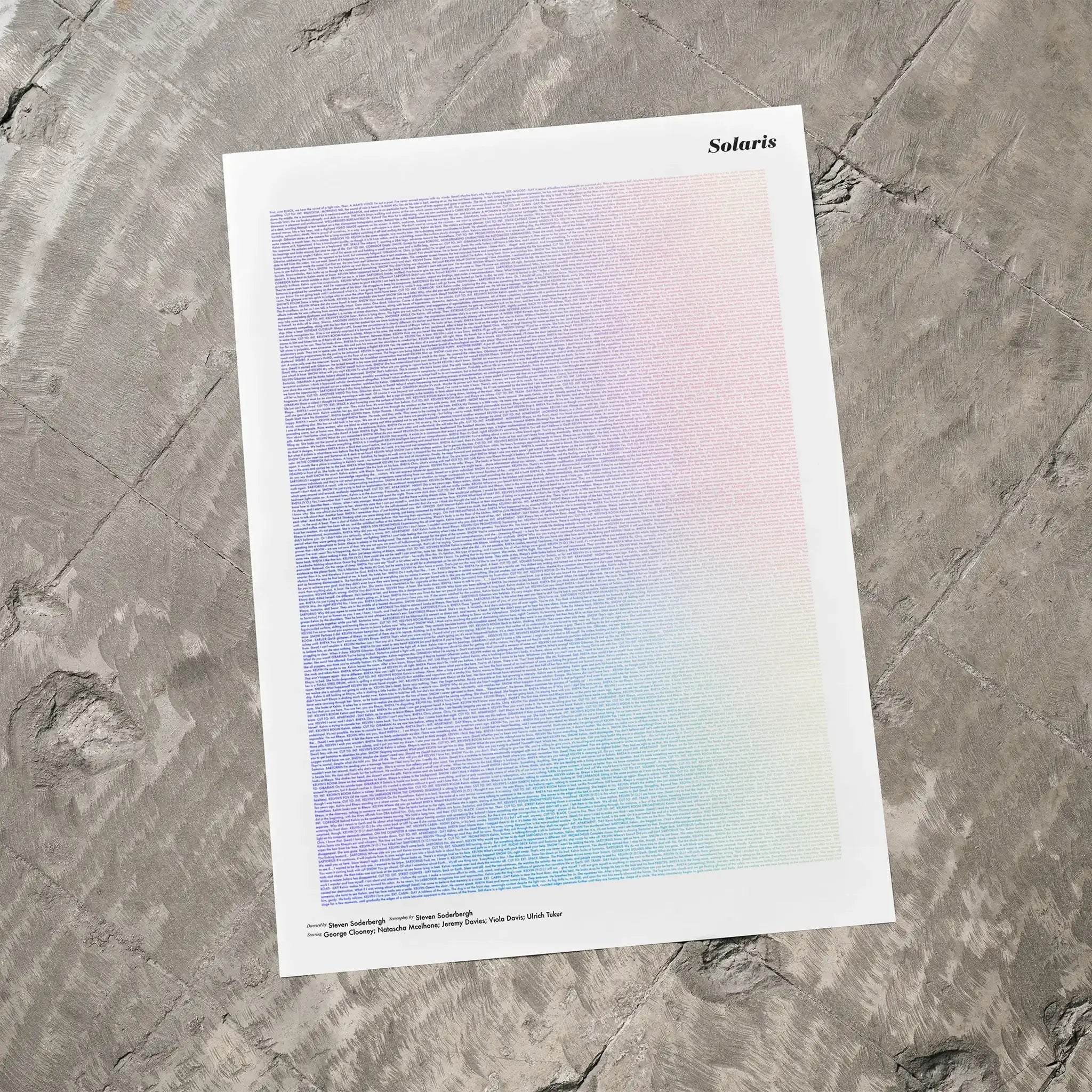 A Solaris movie script poster laid flat on a textured floor surface.