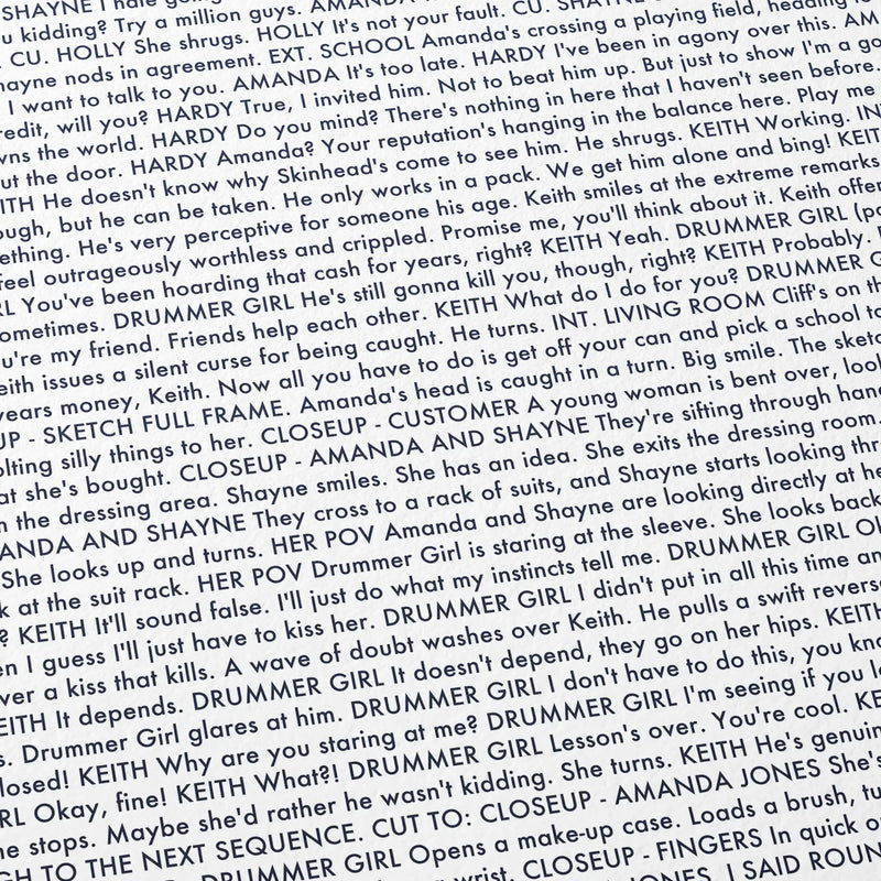 Close-up detail of the Some Kind of Wonderful movie script poster showing dense typographic text.
