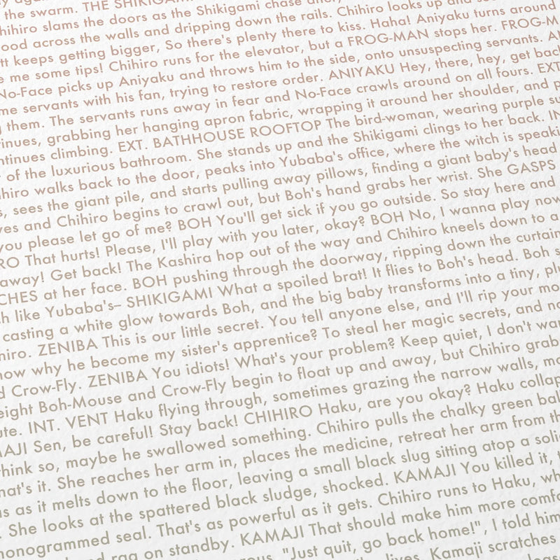 Close-up detail of the Spirited Away movie script poster showing dense typographic text.