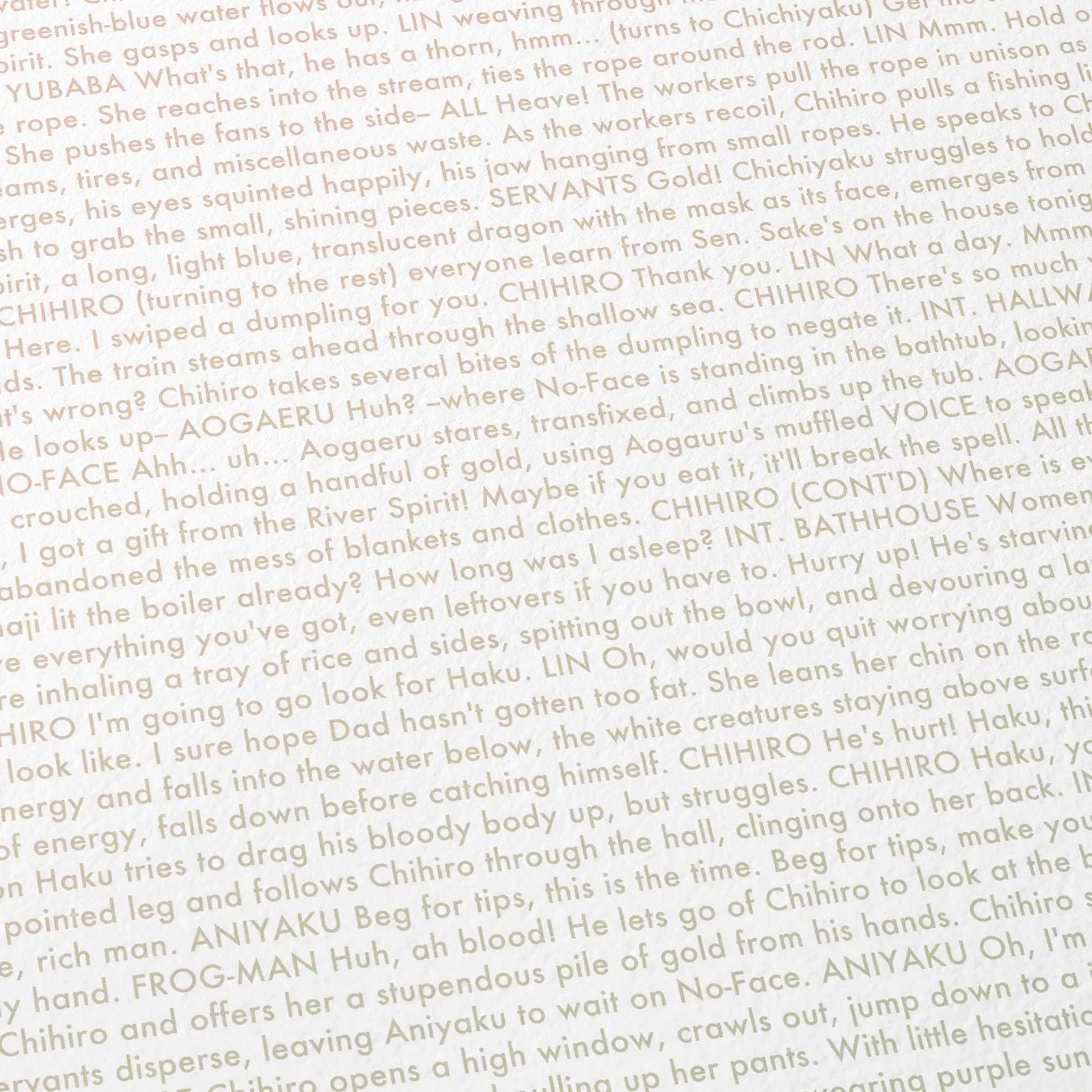 Close-up detail of the Spirited Away movie script poster showing dense typographic text.
