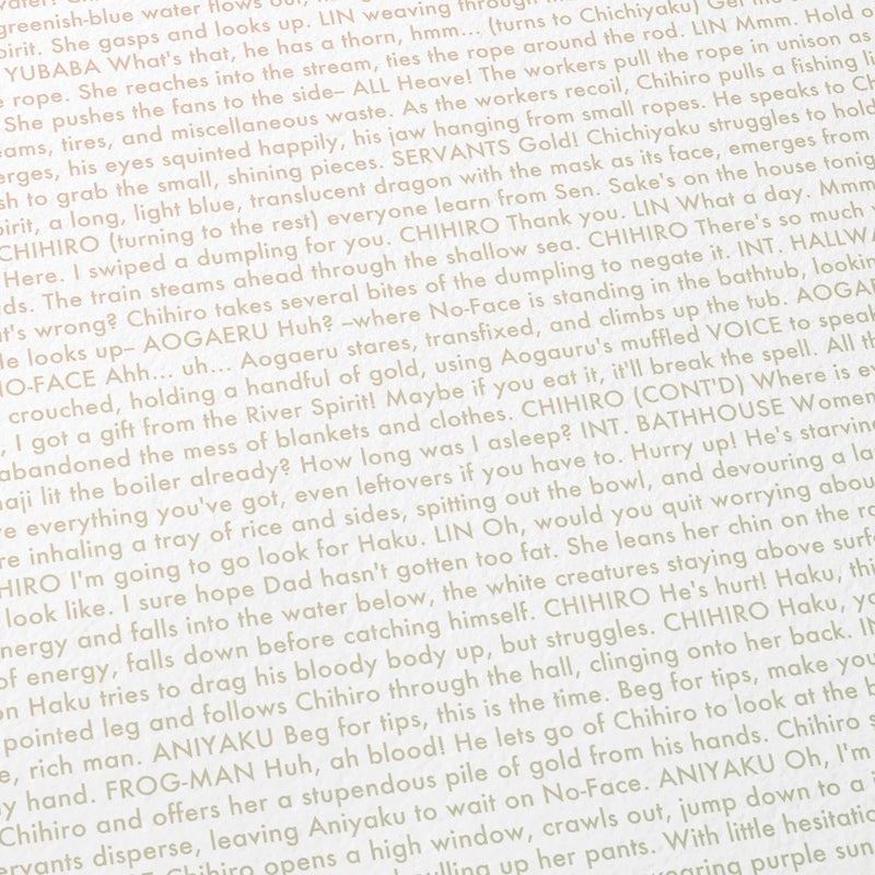 Close-up detail of the Spirited Away movie script poster showing dense typographic text.
