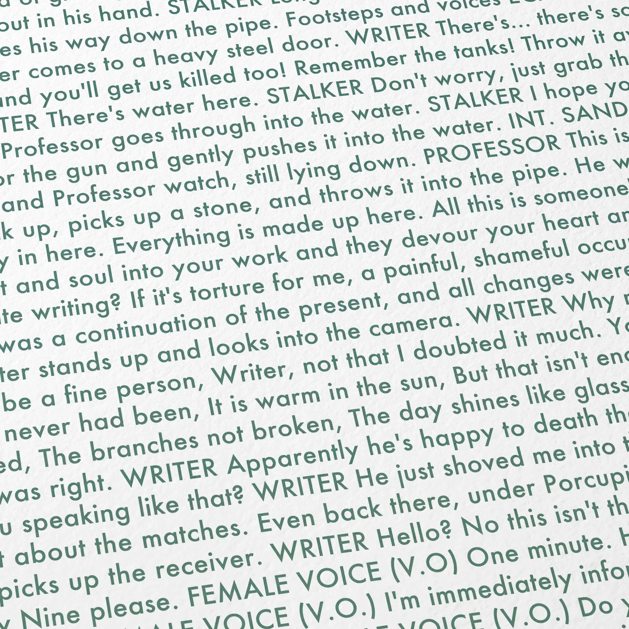 Close-up detail of the Stalker movie script poster showing dense typographic text.
